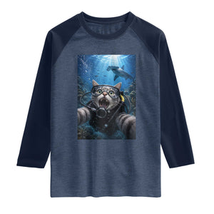 Funny Scuba Diving Cat Selfie With Hammerhead Shark Raglan Shirt TS12 Heather Denim Navy Print Your Wear