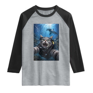 Funny Scuba Diving Cat Selfie With Hammerhead Shark Raglan Shirt TS12 Heather Gray Black Print Your Wear