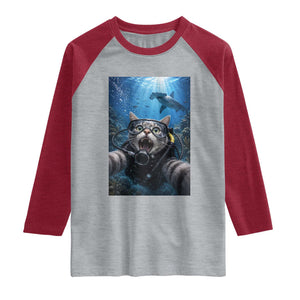 Funny Scuba Diving Cat Selfie With Hammerhead Shark Raglan Shirt TS12 Heather Gray Heather Red Print Your Wear