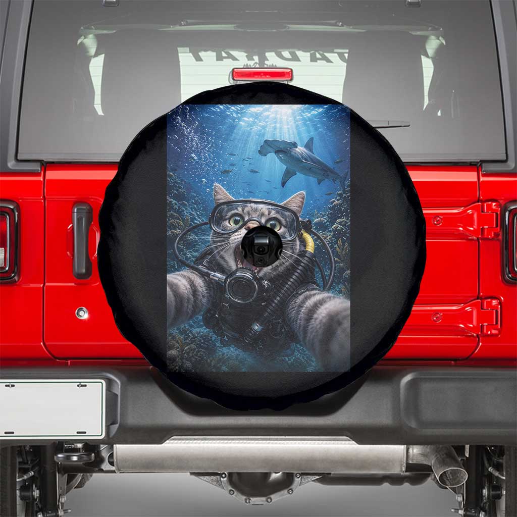 Funny Scuba Diving Cat Selfie With Hammerhead Shark Spare Tire Cover TS12 Black Print Your Wear