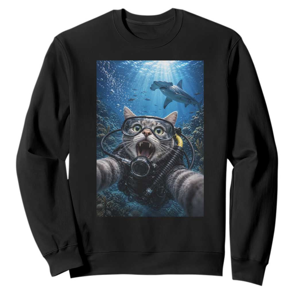 Funny Scuba Diving Cat Selfie With Hammerhead Shark Sweatshirt TS12 Black Print Your Wear