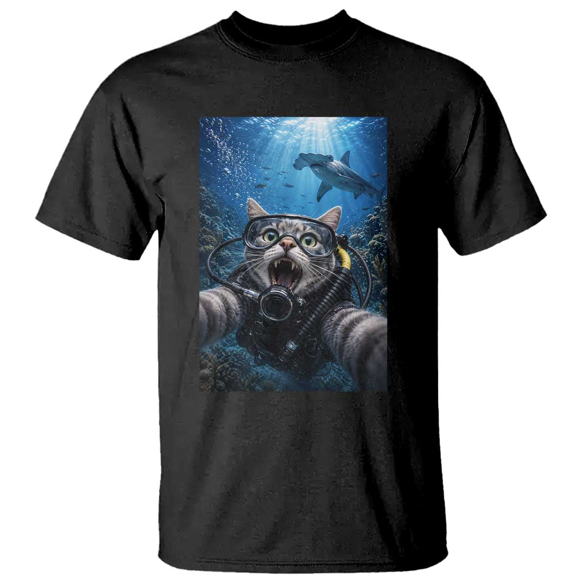Funny Scuba Diving Cat Selfie With Hammerhead Shark T Shirt TS12 Black Print Your Wear