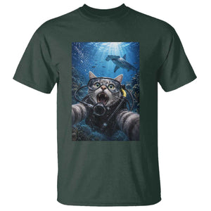 Funny Scuba Diving Cat Selfie With Hammerhead Shark T Shirt TS12 Dark Forest Green Print Your Wear
