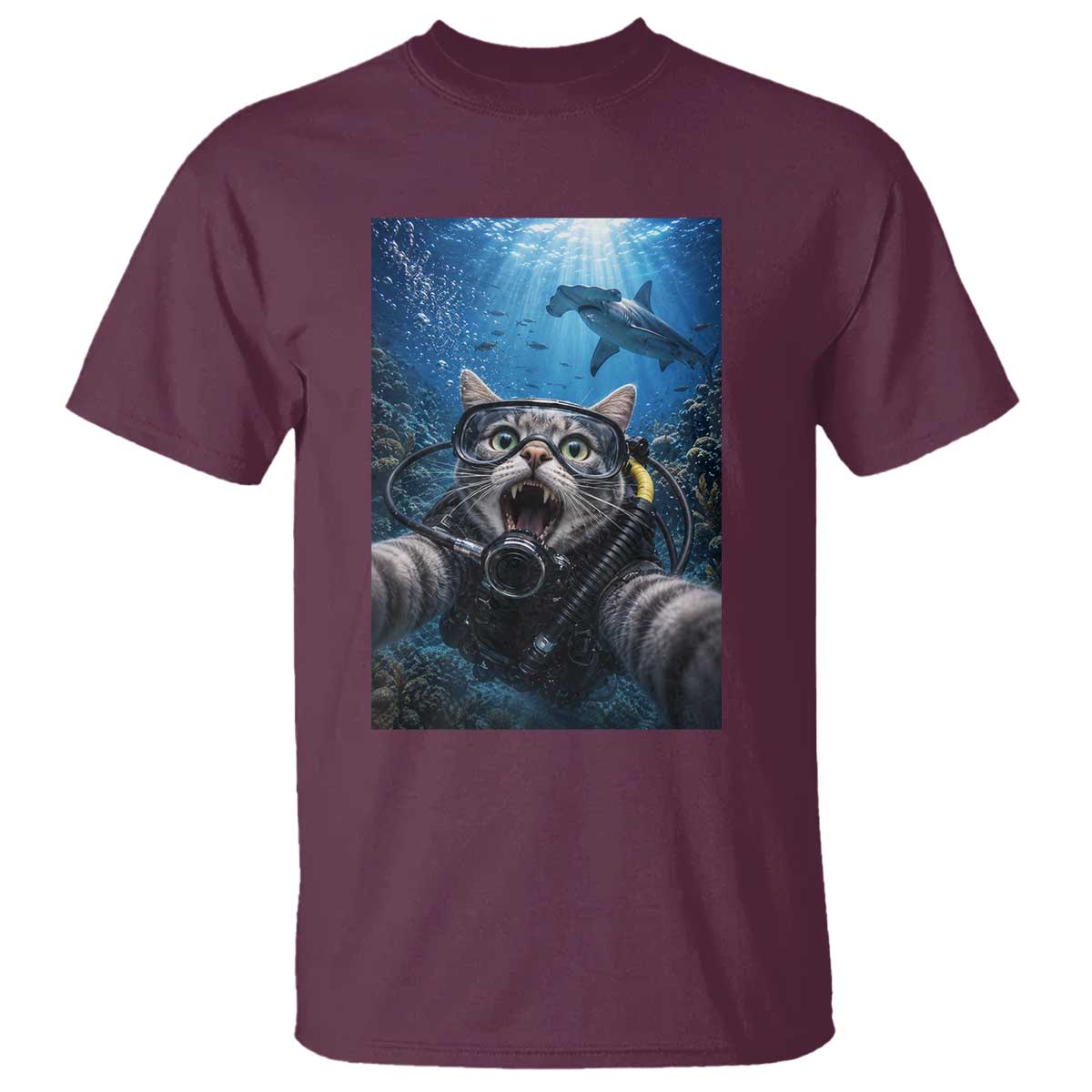 Funny Scuba Diving Cat Selfie With Hammerhead Shark T Shirt TS12 Maroon Print Your Wear