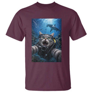 Funny Scuba Diving Cat Selfie With Hammerhead Shark T Shirt TS12 Maroon Print Your Wear