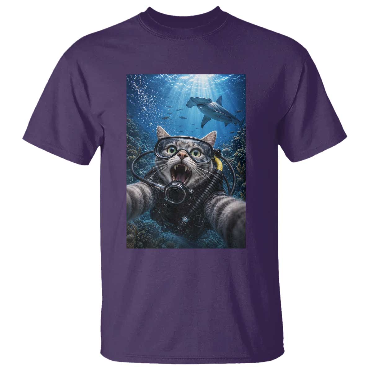 Funny Scuba Diving Cat Selfie With Hammerhead Shark T Shirt TS12 Purple Print Your Wear