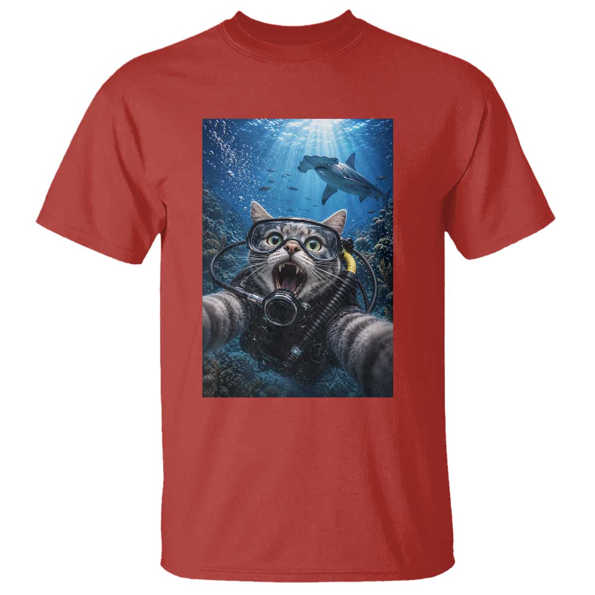 Funny Scuba Diving Cat Selfie With Hammerhead Shark T Shirt TS12 Red Print Your Wear
