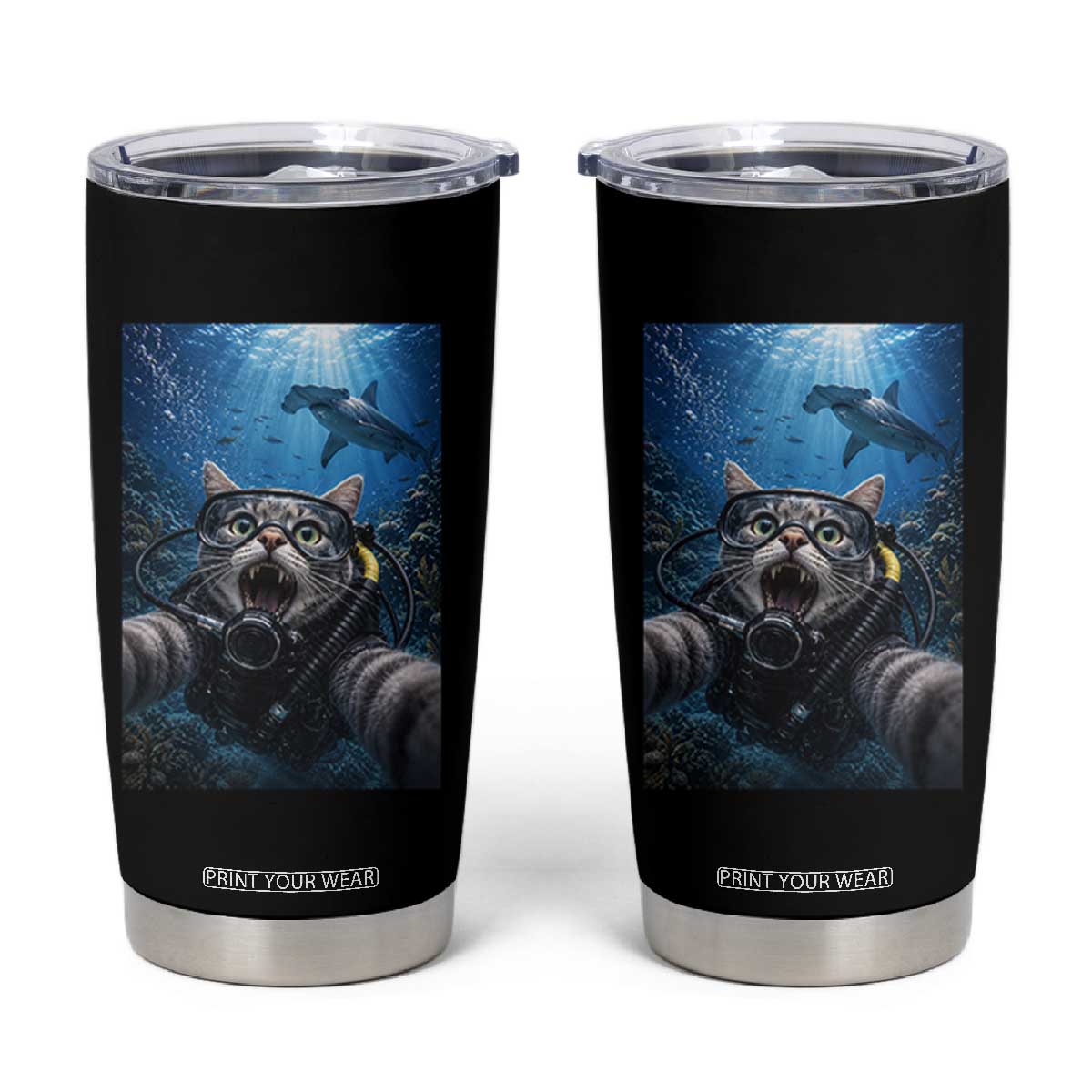 Funny Scuba Diving Cat Selfie With Hammerhead Shark Tumbler Cup TS12 Black Print Your Wear