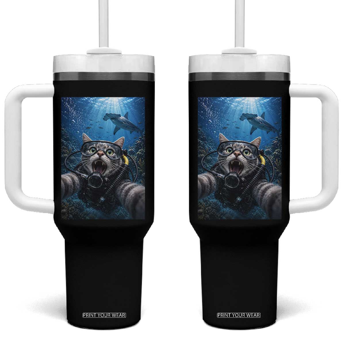 Funny Scuba Diving Cat Selfie With Hammerhead Shark Tumbler With Handle TS12 One Size: 40 oz Black Print Your Wear