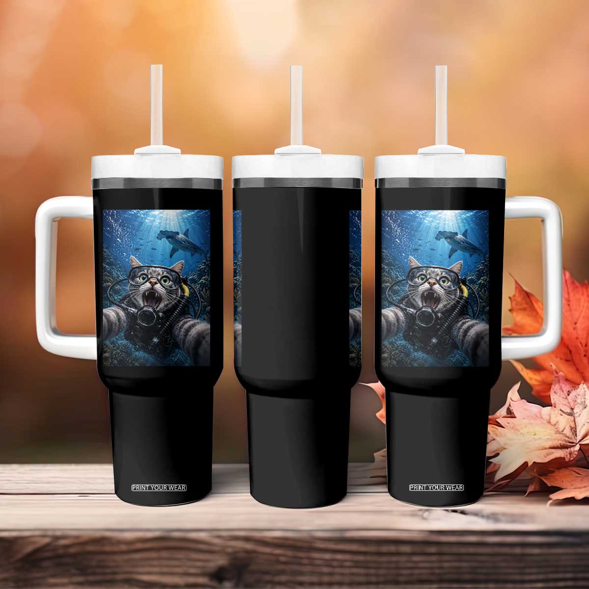 Funny Scuba Diving Cat Selfie With Hammerhead Shark Tumbler With Handle TS12 Print Your Wear
