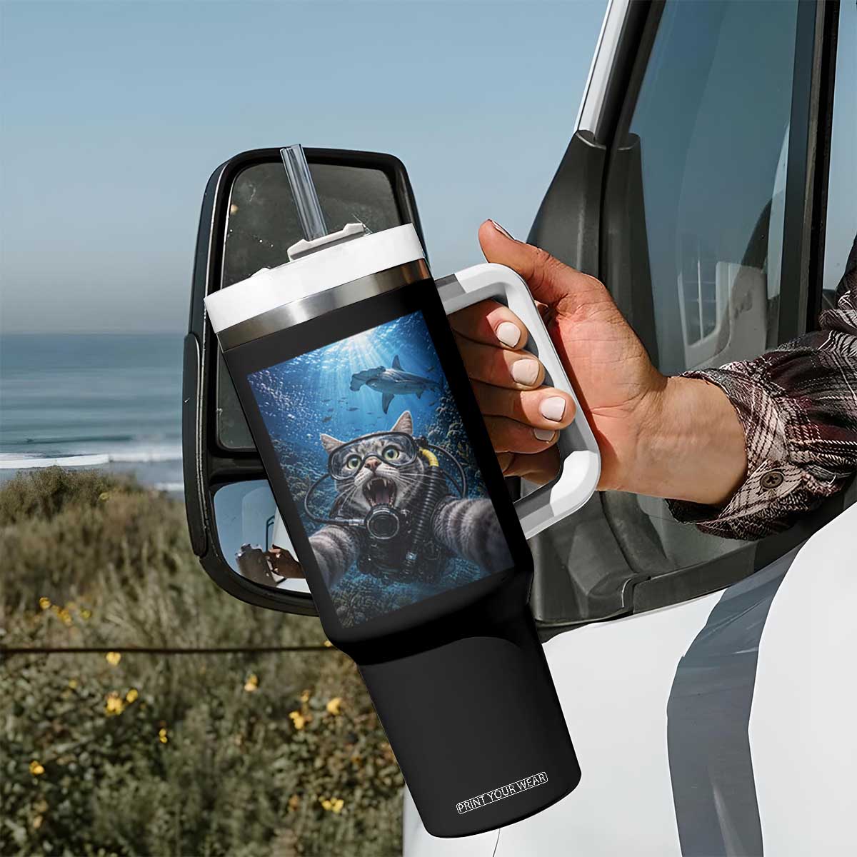 Funny Scuba Diving Cat Selfie With Hammerhead Shark Tumbler With Handle TS12 Print Your Wear