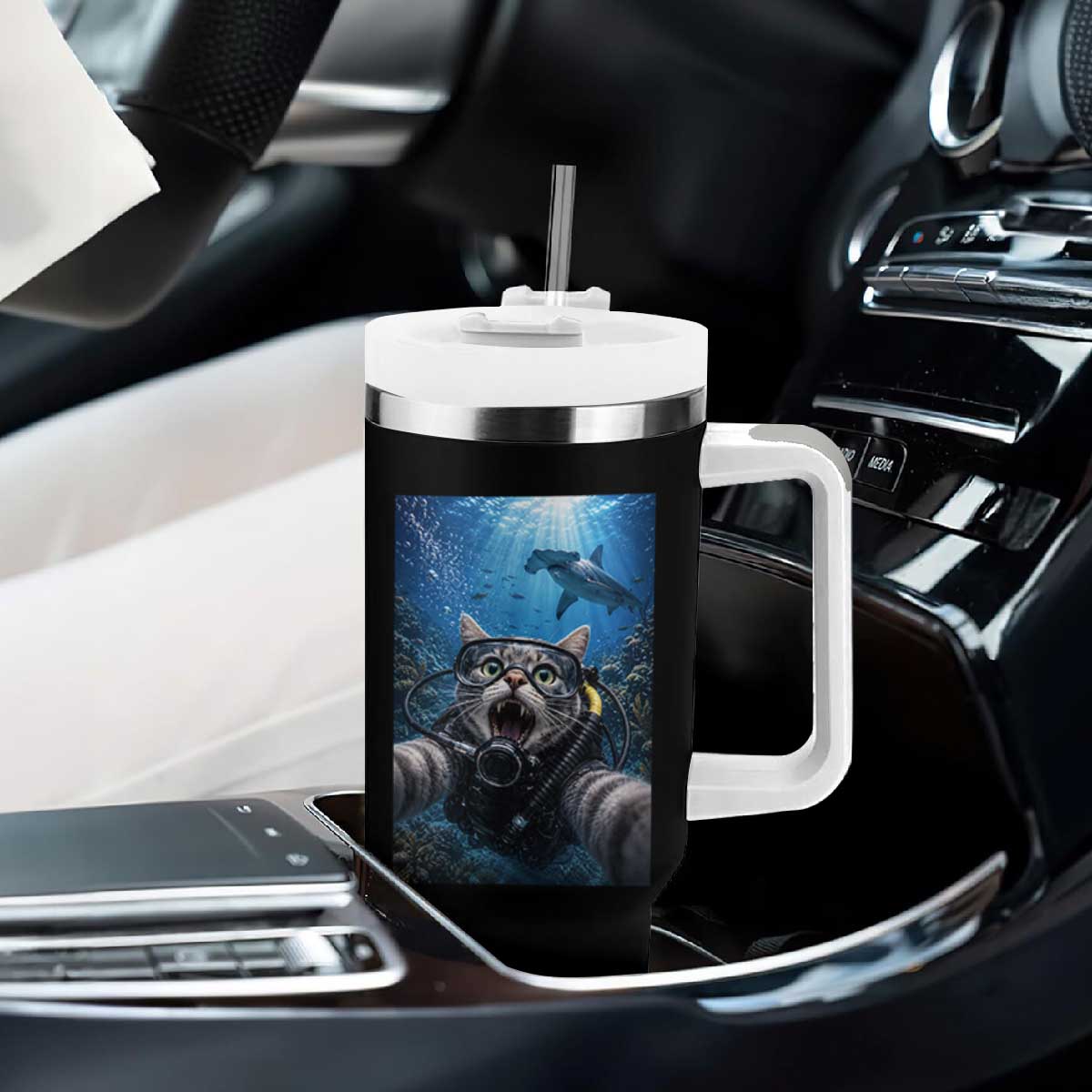 Funny Scuba Diving Cat Selfie With Hammerhead Shark Tumbler With Handle TS12 Print Your Wear