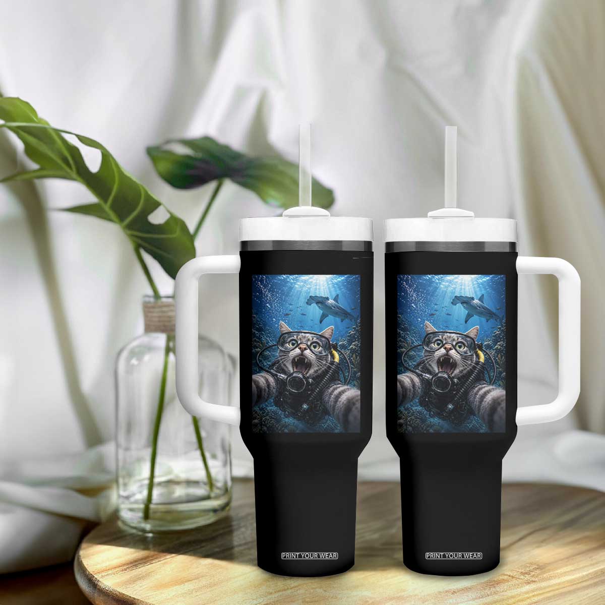 Funny Scuba Diving Cat Selfie With Hammerhead Shark Tumbler With Handle TS12 Print Your Wear