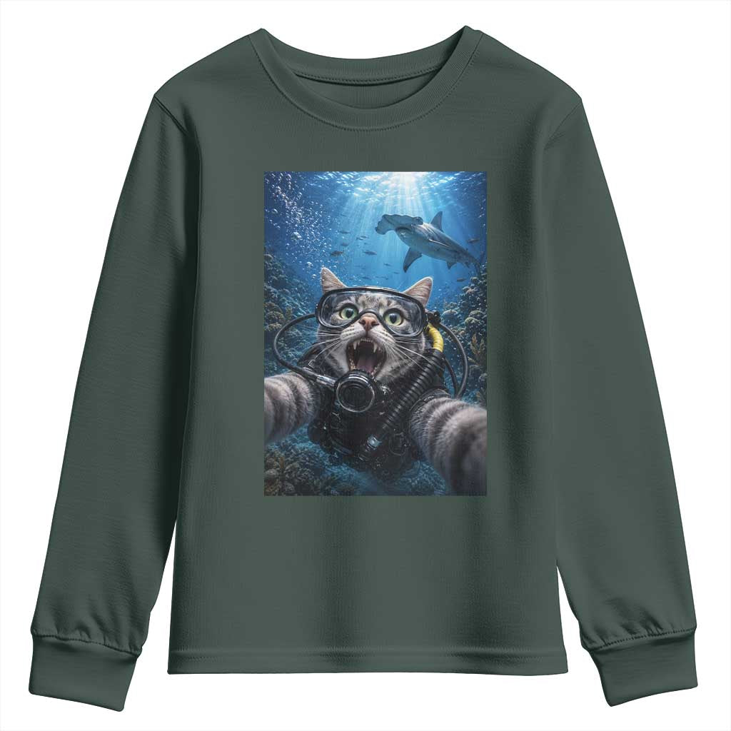 Funny Scuba Diving Cat Selfie With Hammerhead Shark Youth Sweatshirt TS12 Dark Forest Green Print Your Wear