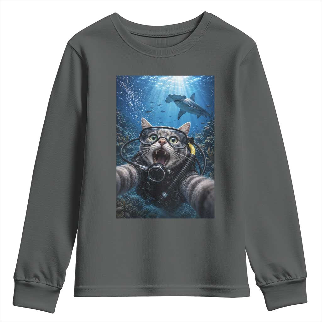 Funny Scuba Diving Cat Selfie With Hammerhead Shark Youth Sweatshirt TS12 Dark Heather Print Your Wear