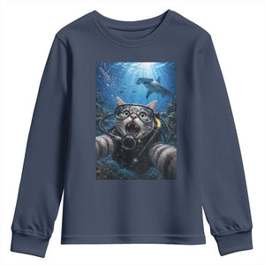Funny Scuba Diving Cat Selfie With Hammerhead Shark Youth Sweatshirt TS12 Navy Print Your Wear