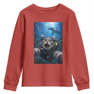 Funny Scuba Diving Cat Selfie With Hammerhead Shark Youth Sweatshirt TS12 Red Print Your Wear