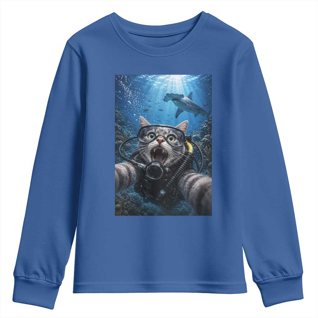 Funny Scuba Diving Cat Selfie With Hammerhead Shark Youth Sweatshirt TS12 Royal Blue Print Your Wear