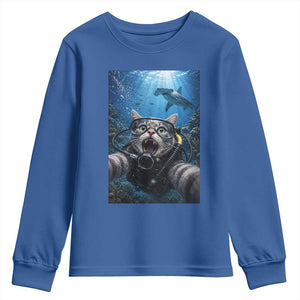 Funny Scuba Diving Cat Selfie With Hammerhead Shark Youth Sweatshirt TS12 Royal Blue Print Your Wear
