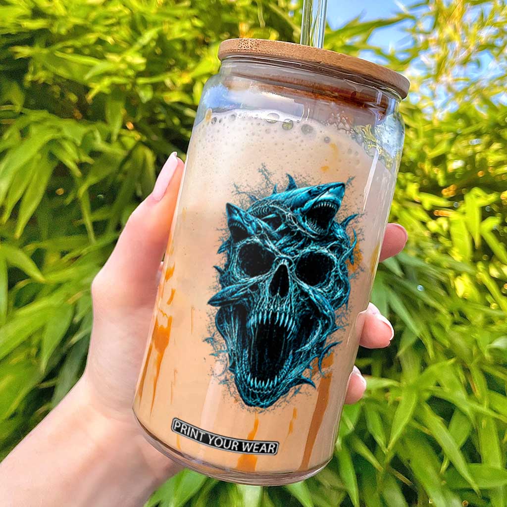 Vintage Great White Shark Skull Glass Can Deep Sea Horror Art TS12 Black Print Your Wear
