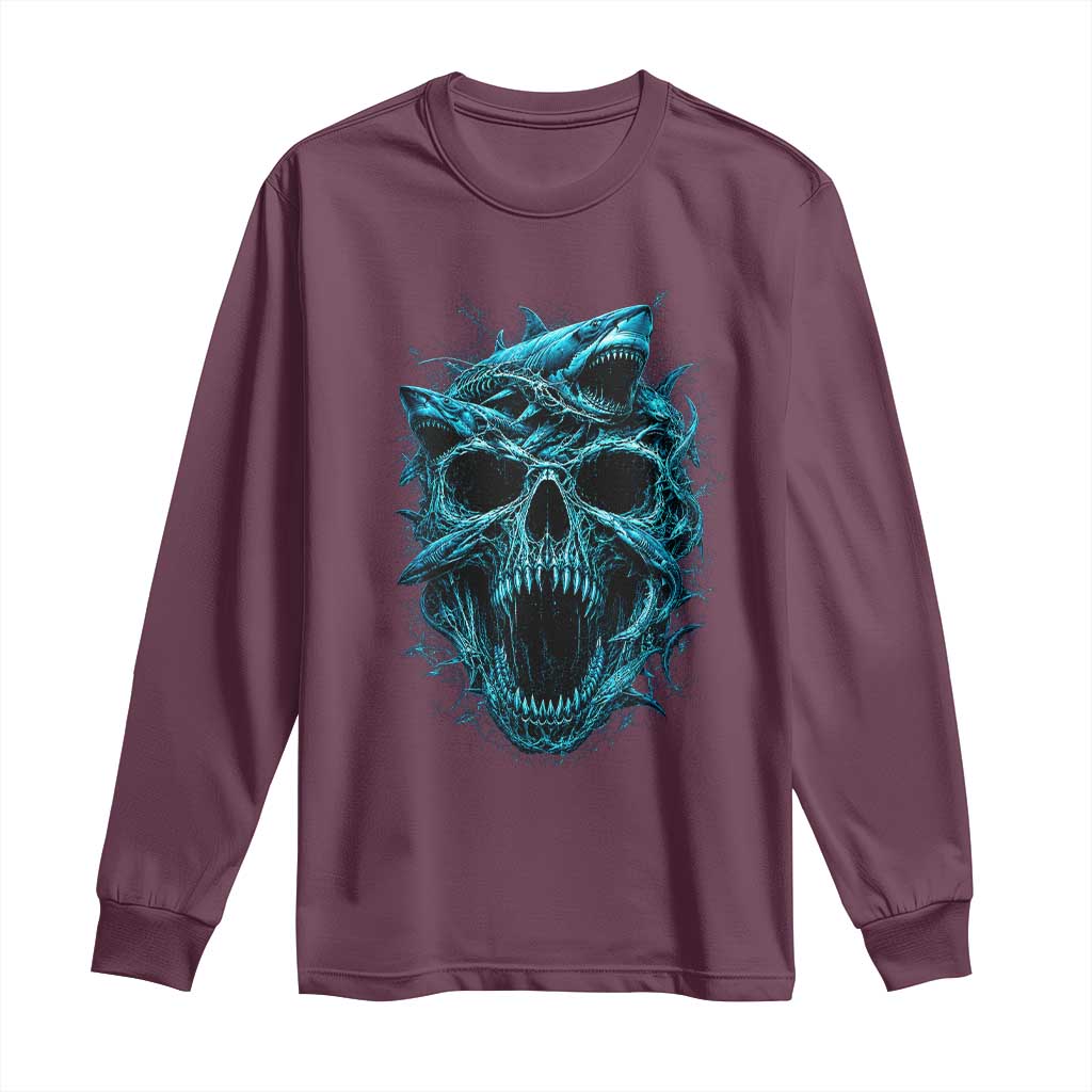 Vintage Great White Shark Skull Long Sleeve Shirt Deep Sea Horror Art TS12 Maroon Print Your Wear