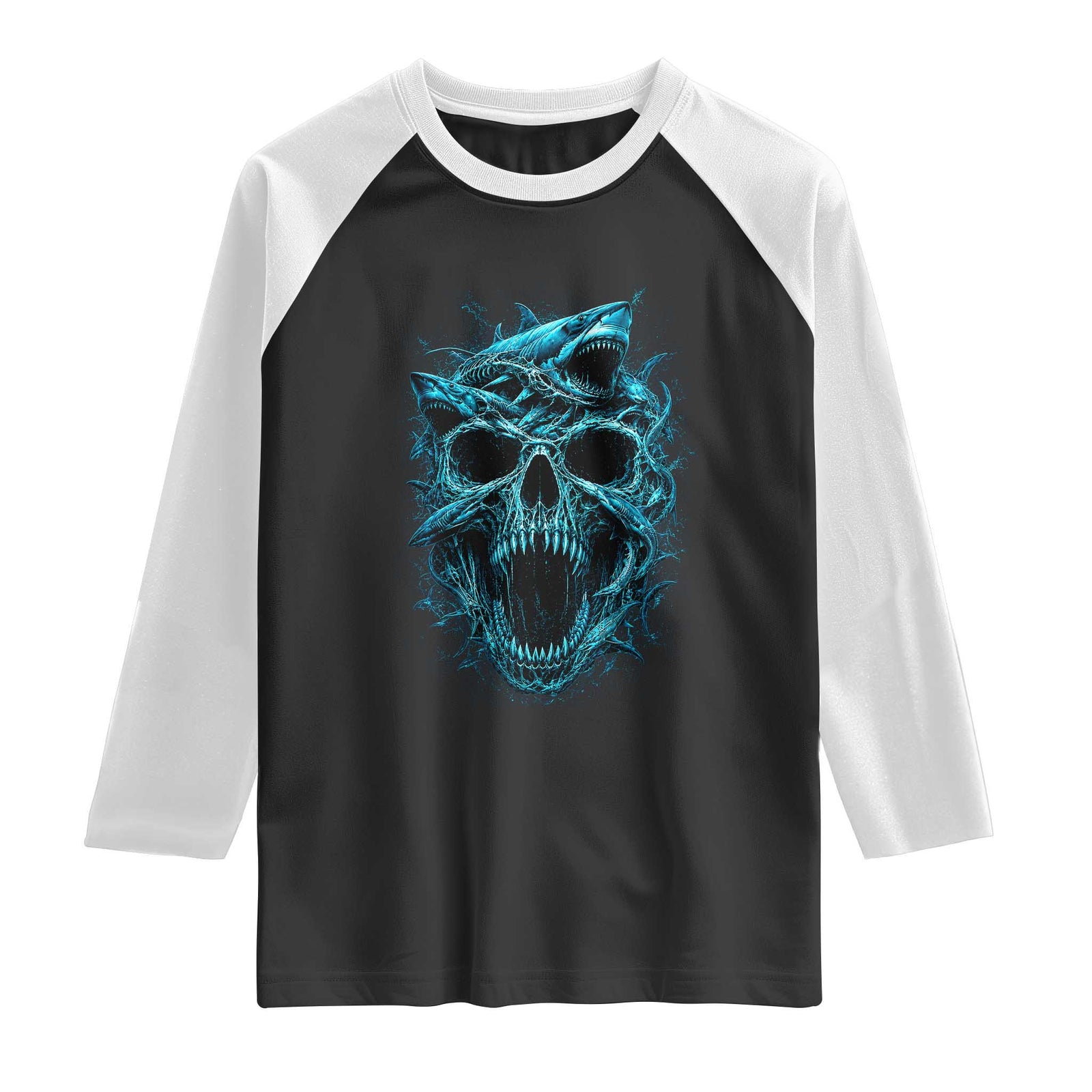 Vintage Great White Shark Skull Raglan Shirt Deep Sea Horror Art TS12 Black White Print Your Wear