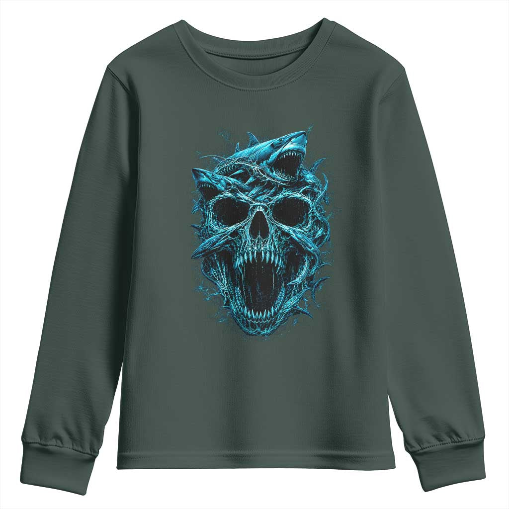Vintage Great White Shark Skull Youth Sweatshirt Deep Sea Horror Art TS12 Dark Forest Green Print Your Wear