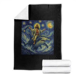 Funny Christian Jesus Riding Hammerhead Shark Throw Blanket Starry Night Inspired Art TS12 Black Print Your Wear