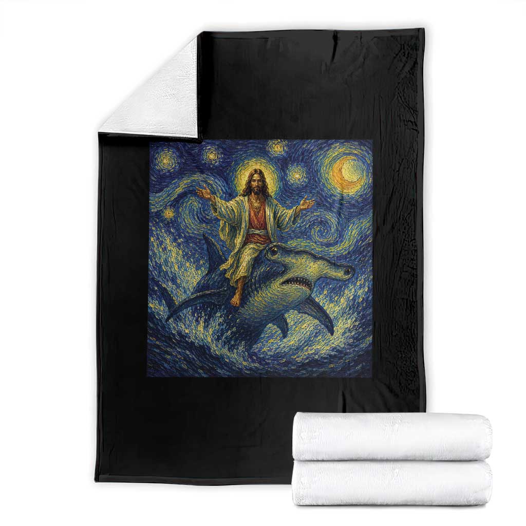 Funny Christian Jesus Riding Hammerhead Shark Throw Blanket Starry Night Inspired Art TS12 Black Print Your Wear