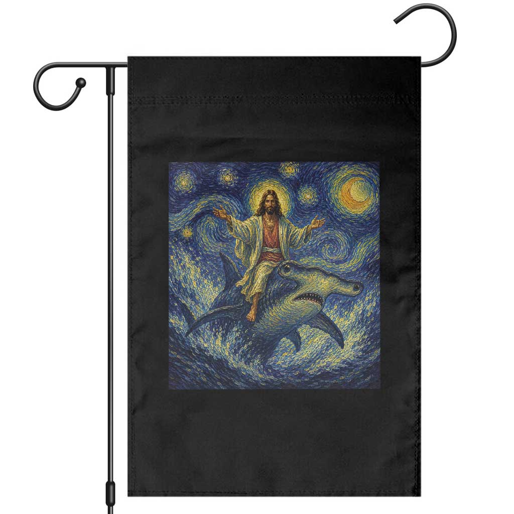 Funny Christian Jesus Riding Hammerhead Shark Garden Flag Starry Night Inspired Art TS12 Black Print Your Wear