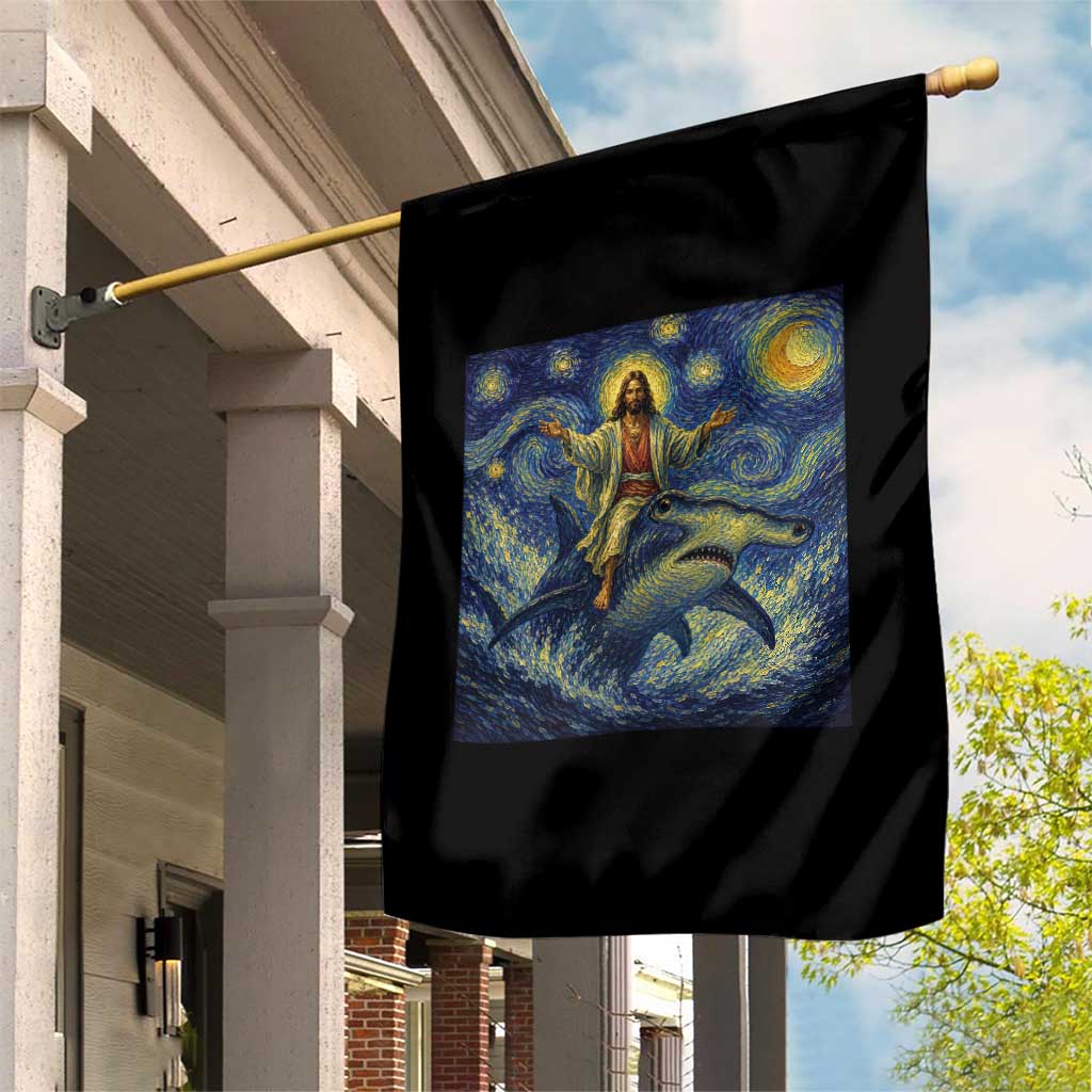 Funny Christian Jesus Riding Hammerhead Shark Garden Flag Starry Night Inspired Art TS12 Print Your Wear