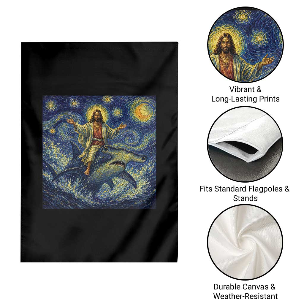Funny Christian Jesus Riding Hammerhead Shark Garden Flag Starry Night Inspired Art TS12 Print Your Wear
