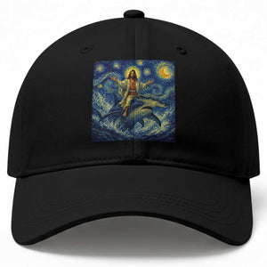 Funny Christian Jesus Riding Hammerhead Shark Baseball Cap Starry Night Inspired Art TS12 Print Your Wear