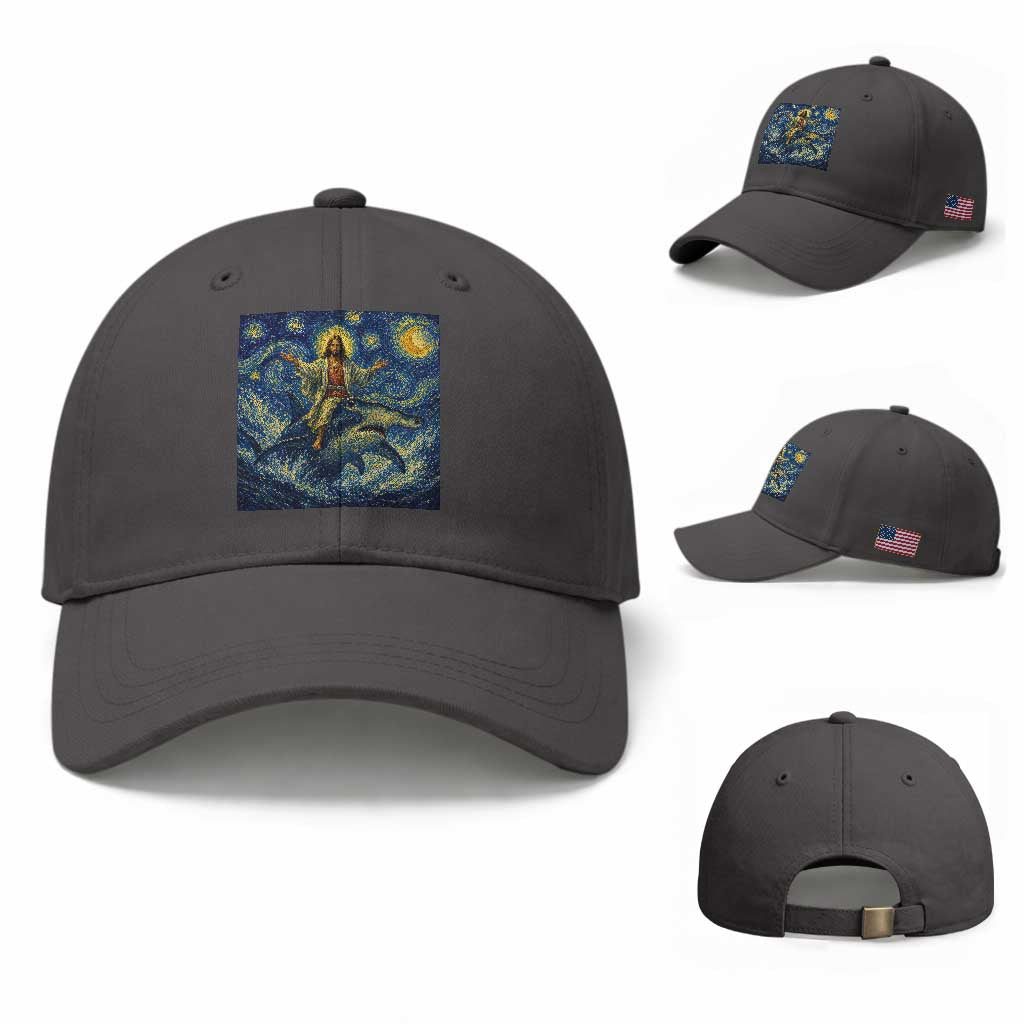 Funny Christian Jesus Riding Hammerhead Shark Baseball Cap Starry Night Inspired Art TS12 Baseball Cap Universal Fit Dark Gray Print Your Wear