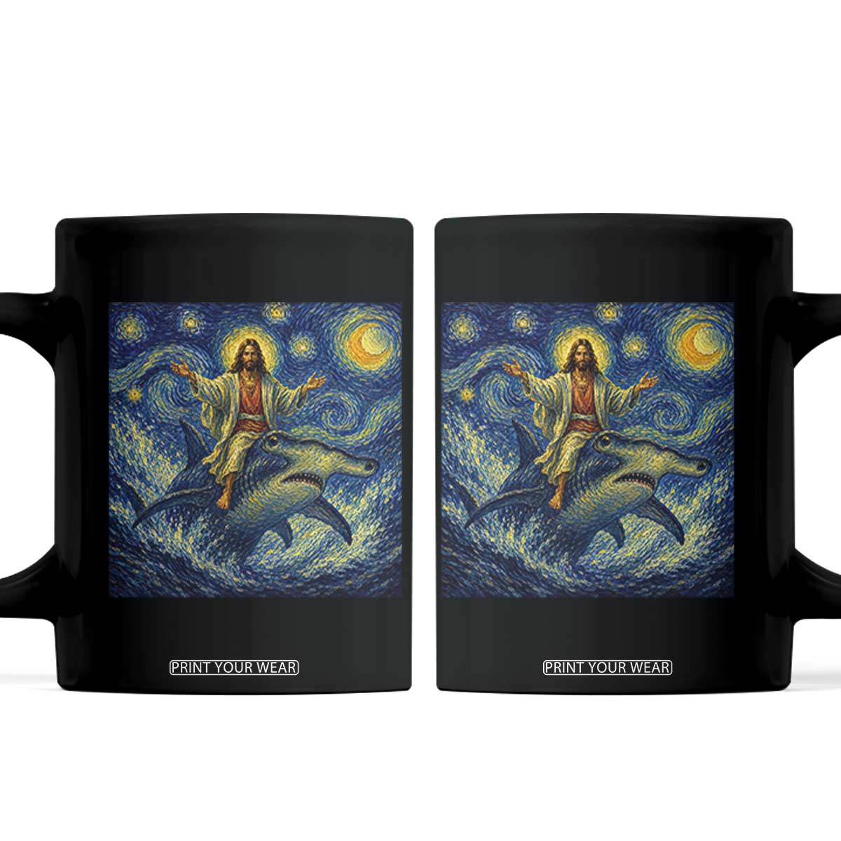 Funny Christian Jesus Riding Hammerhead Shark Coffee Mug Starry Night Inspired Art TS12 Black Print Your Wear