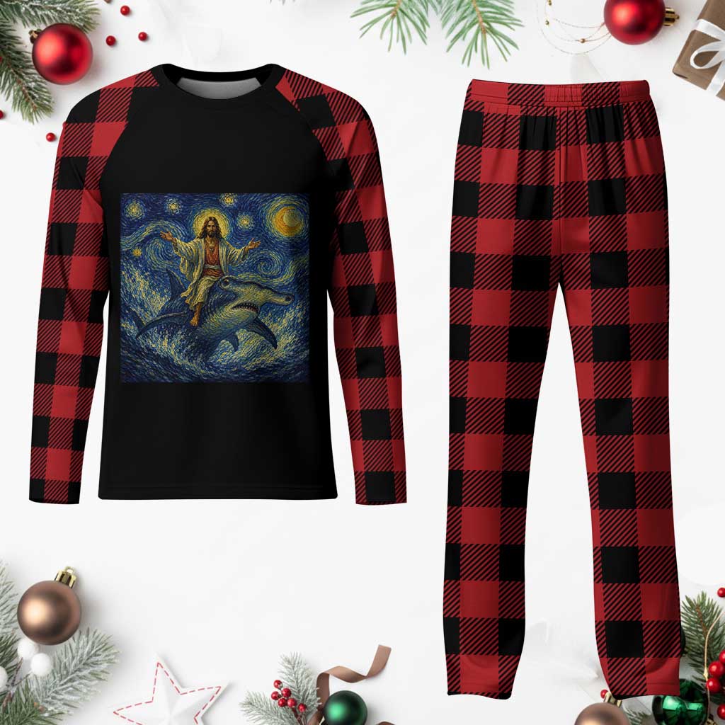 Funny Christian Jesus Riding Hammerhead Shark Plaid Pajama Set Starry Night Inspired Art TS12 Buffalo Plaid Print Your Wear