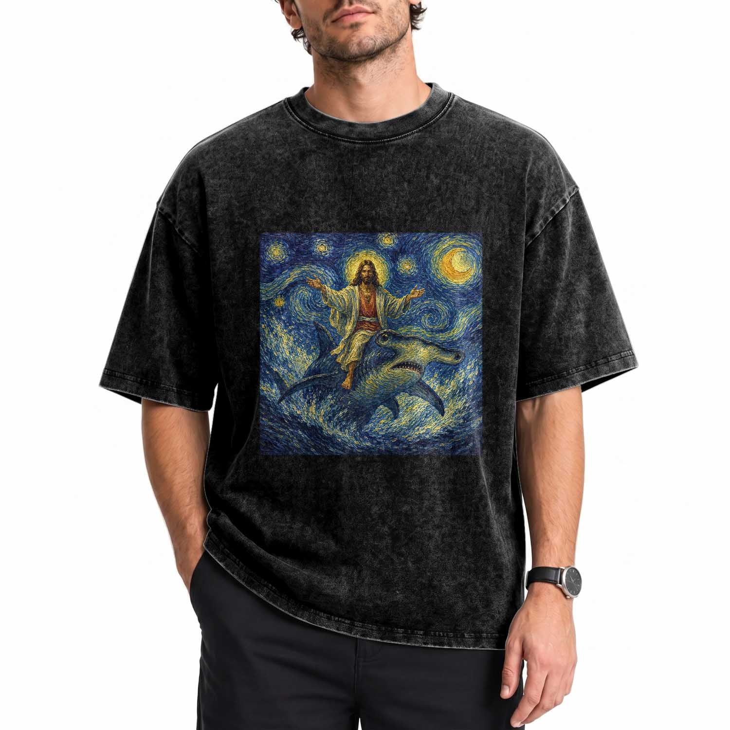 Funny Christian Jesus Riding Hammerhead Shark Washed Cotton T-Shirt Starry Night Inspired Art