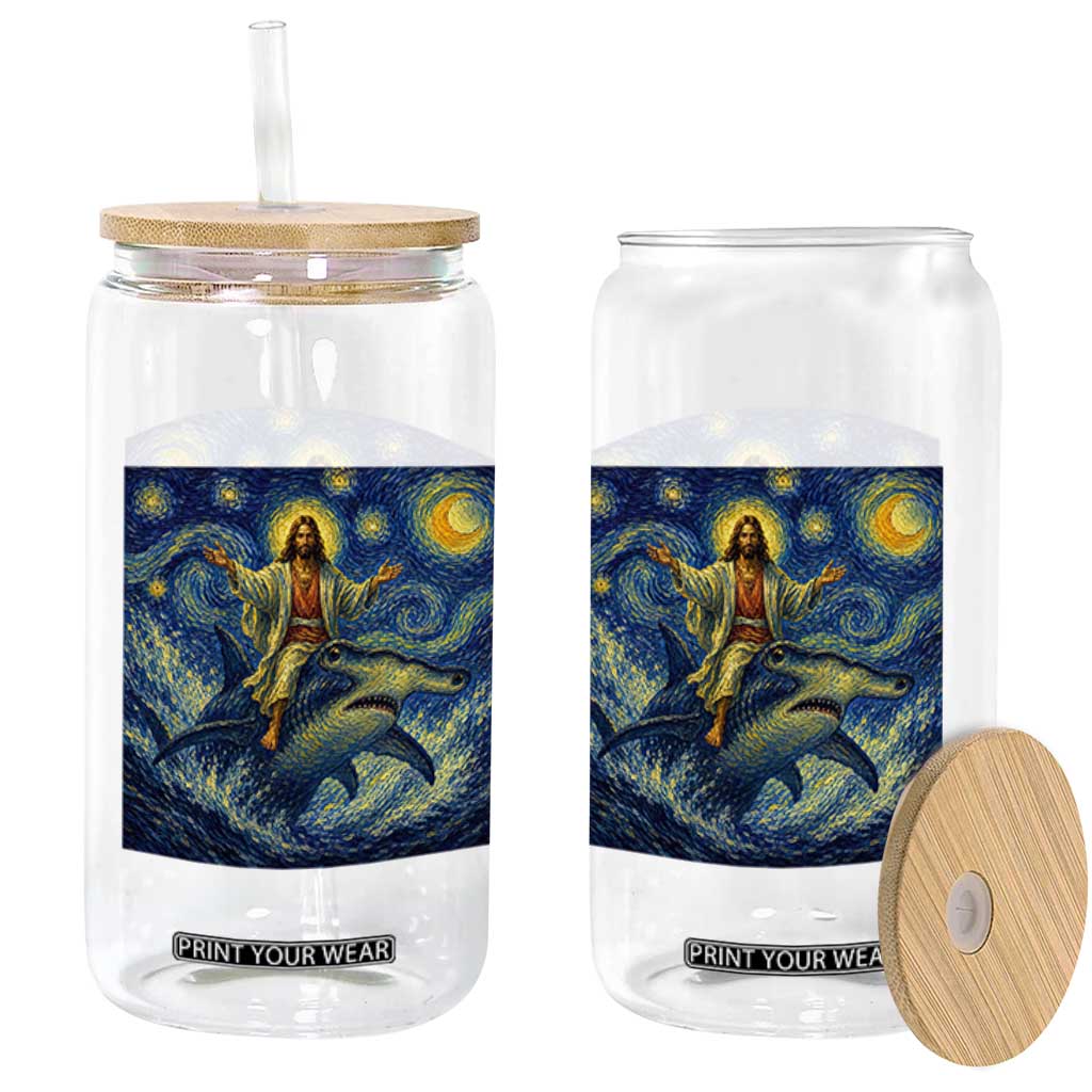 Funny Christian Jesus Riding Hammerhead Shark Glass Can Starry Night Inspired Art TS12 Print Your Wear