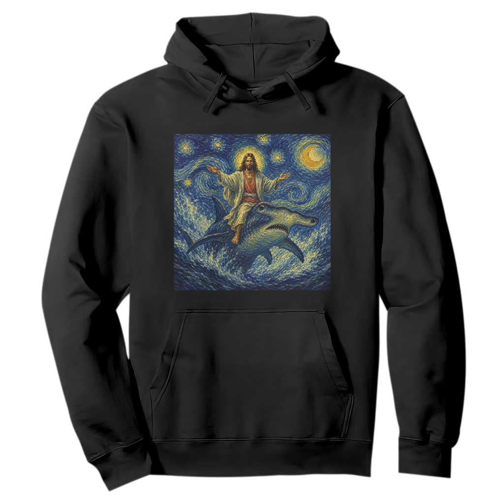 Funny Christian Jesus Riding Hammerhead Shark Hoodie Starry Night Inspired Art TS12 Black Print Your Wear