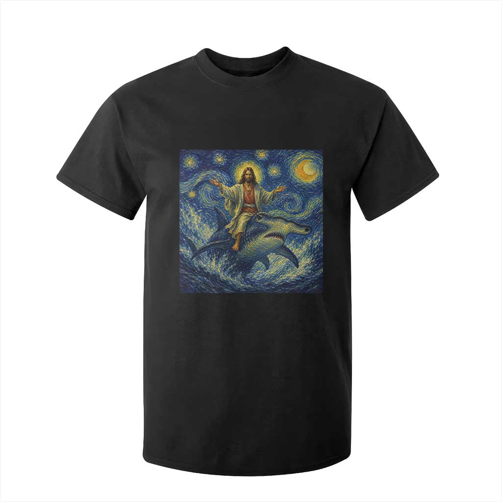 Funny Christian Jesus Riding Hammerhead Shark T Shirt For Kid Starry Night Inspired Art TS12 Black Print Your Wear
