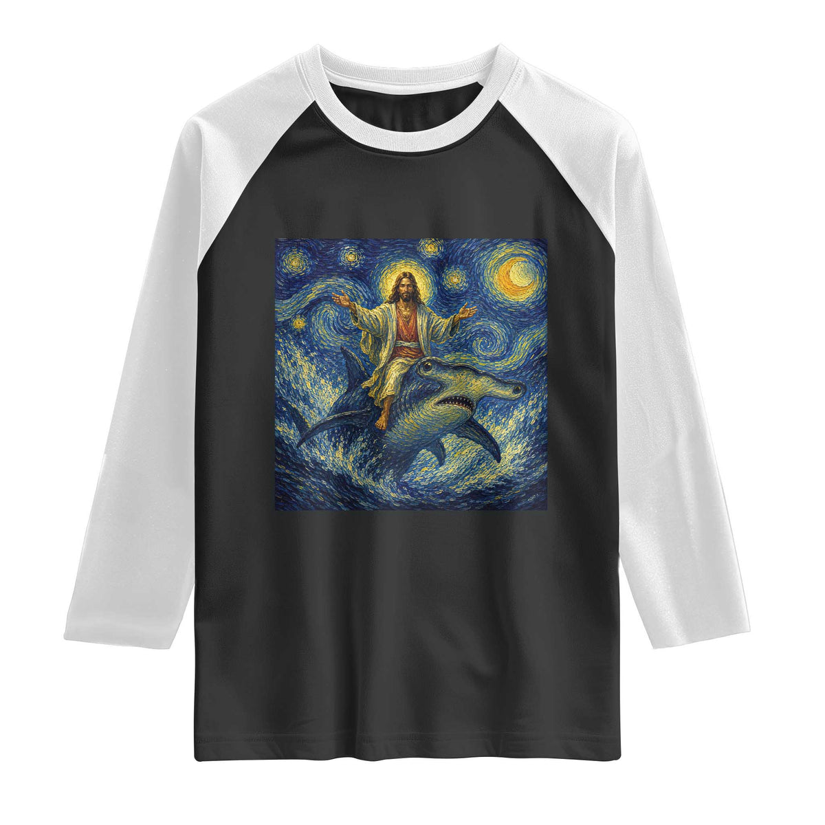 Funny Christian Jesus Riding Hammerhead Shark Raglan Shirt Starry Night Inspired Art TS12 Black White Print Your Wear