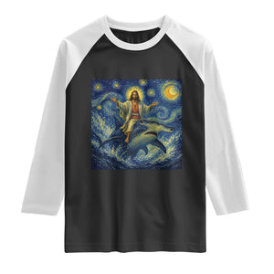 Funny Christian Jesus Riding Hammerhead Shark Raglan Shirt Starry Night Inspired Art TS12 Black White Print Your Wear