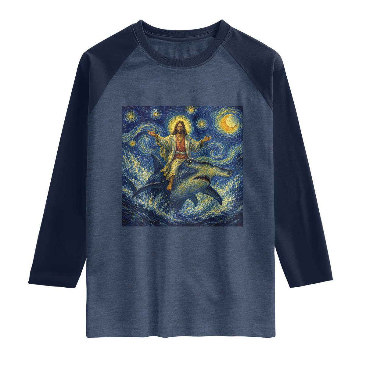Funny Christian Jesus Riding Hammerhead Shark Raglan Shirt Starry Night Inspired Art TS12 Heather Denim Navy Print Your Wear