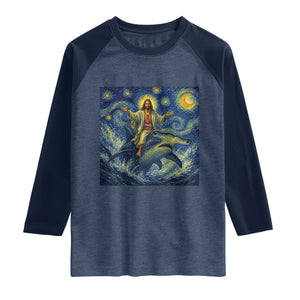 Funny Christian Jesus Riding Hammerhead Shark Raglan Shirt Starry Night Inspired Art TS12 Heather Denim Navy Print Your Wear