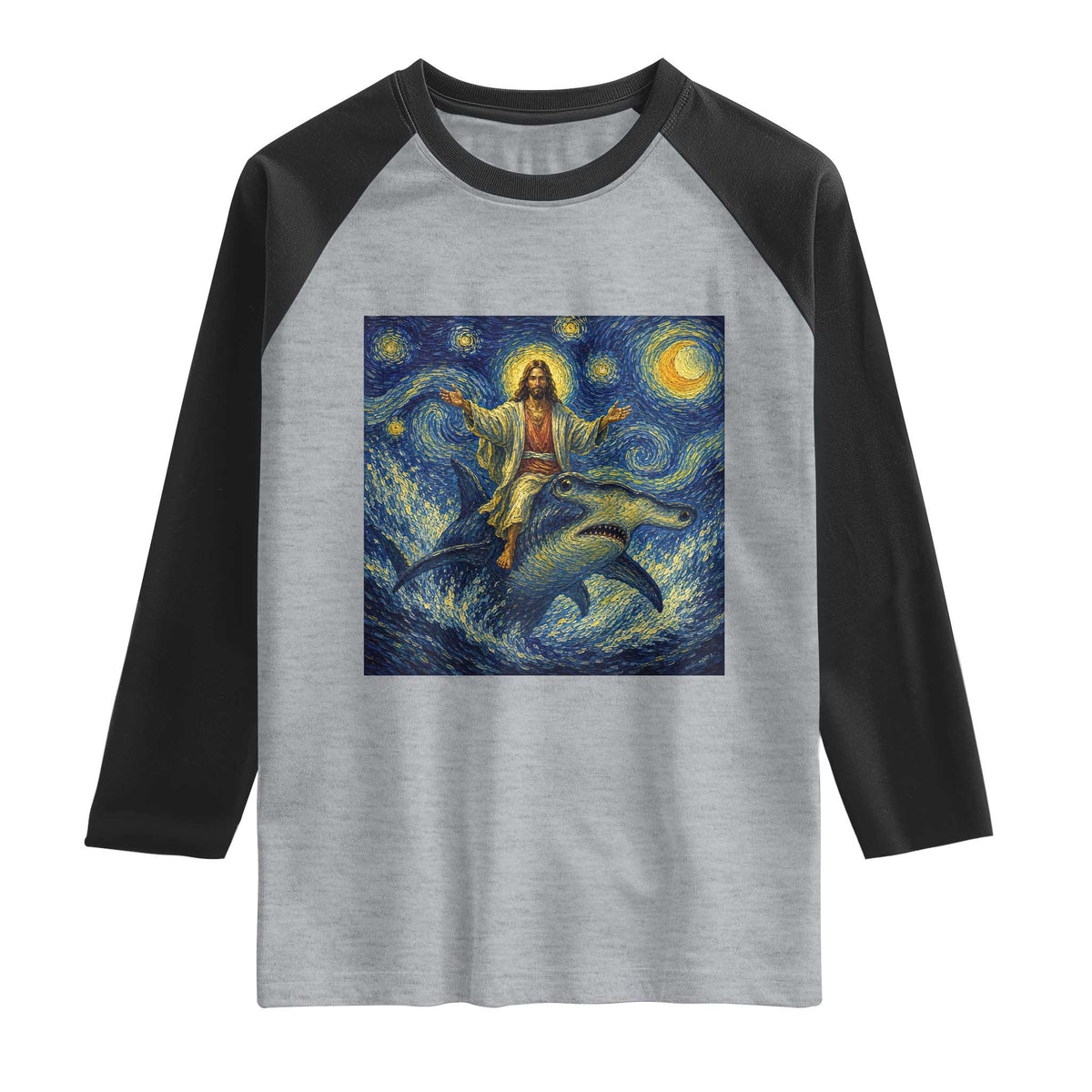 Funny Christian Jesus Riding Hammerhead Shark Raglan Shirt Starry Night Inspired Art TS12 Heather Gray Black Print Your Wear