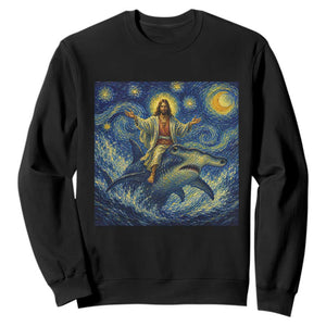 Funny Christian Jesus Riding Hammerhead Shark Sweatshirt Starry Night Inspired Art TS12 Black Print Your Wear