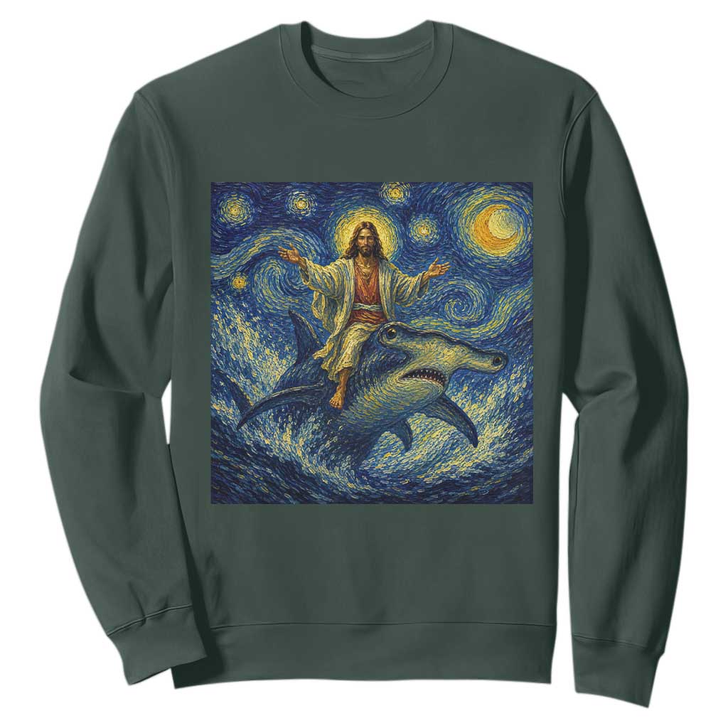 Funny Christian Jesus Riding Hammerhead Shark Sweatshirt Starry Night Inspired Art TS12 Dark Forest Green Print Your Wear