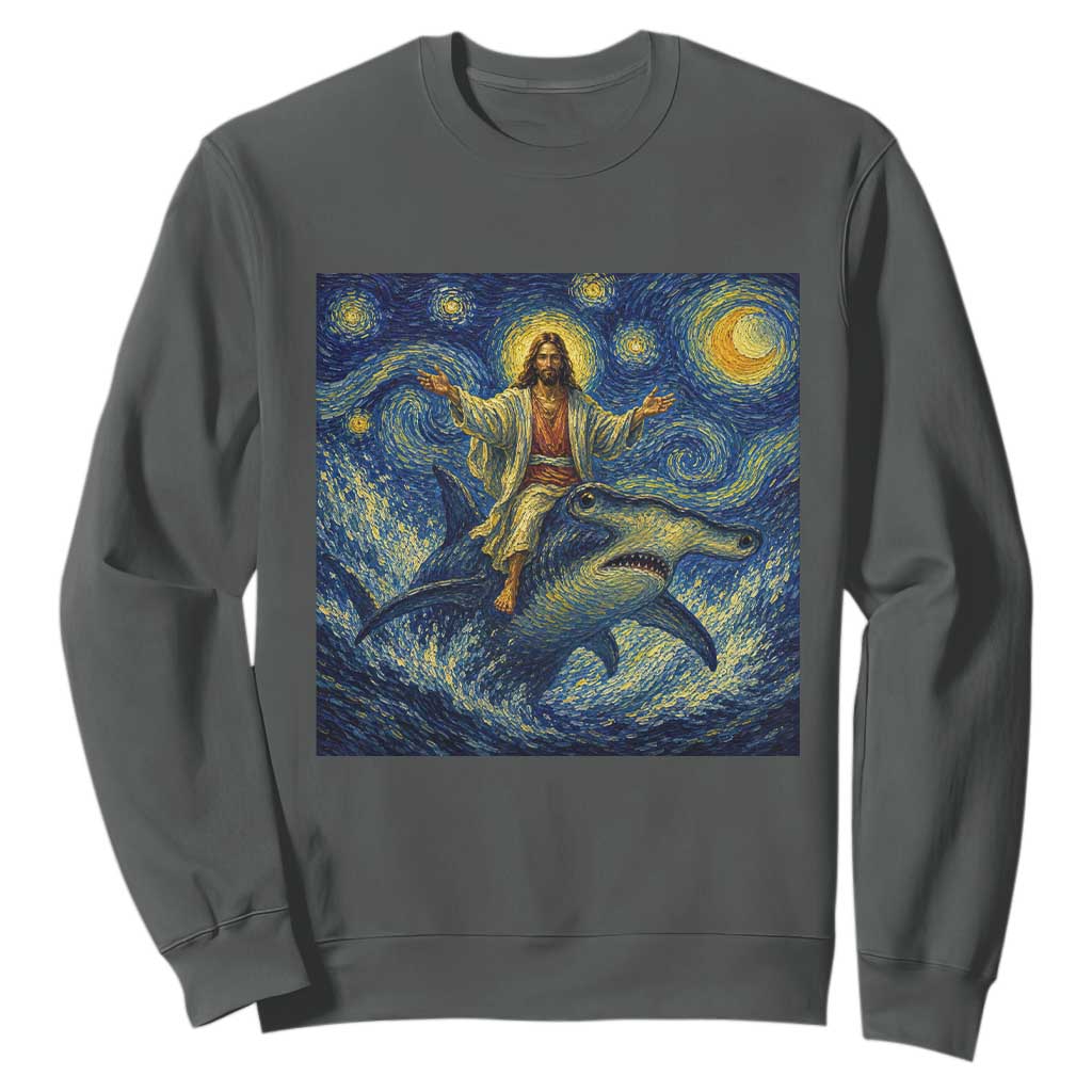 Funny Christian Jesus Riding Hammerhead Shark Sweatshirt Starry Night Inspired Art TS12 Dark Heather Print Your Wear