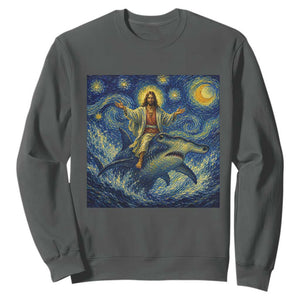 Funny Christian Jesus Riding Hammerhead Shark Sweatshirt Starry Night Inspired Art TS12 Dark Heather Print Your Wear