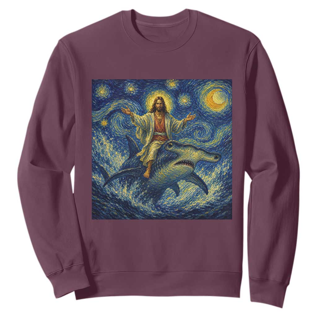 Funny Christian Jesus Riding Hammerhead Shark Sweatshirt Starry Night Inspired Art TS12 Maroon Print Your Wear